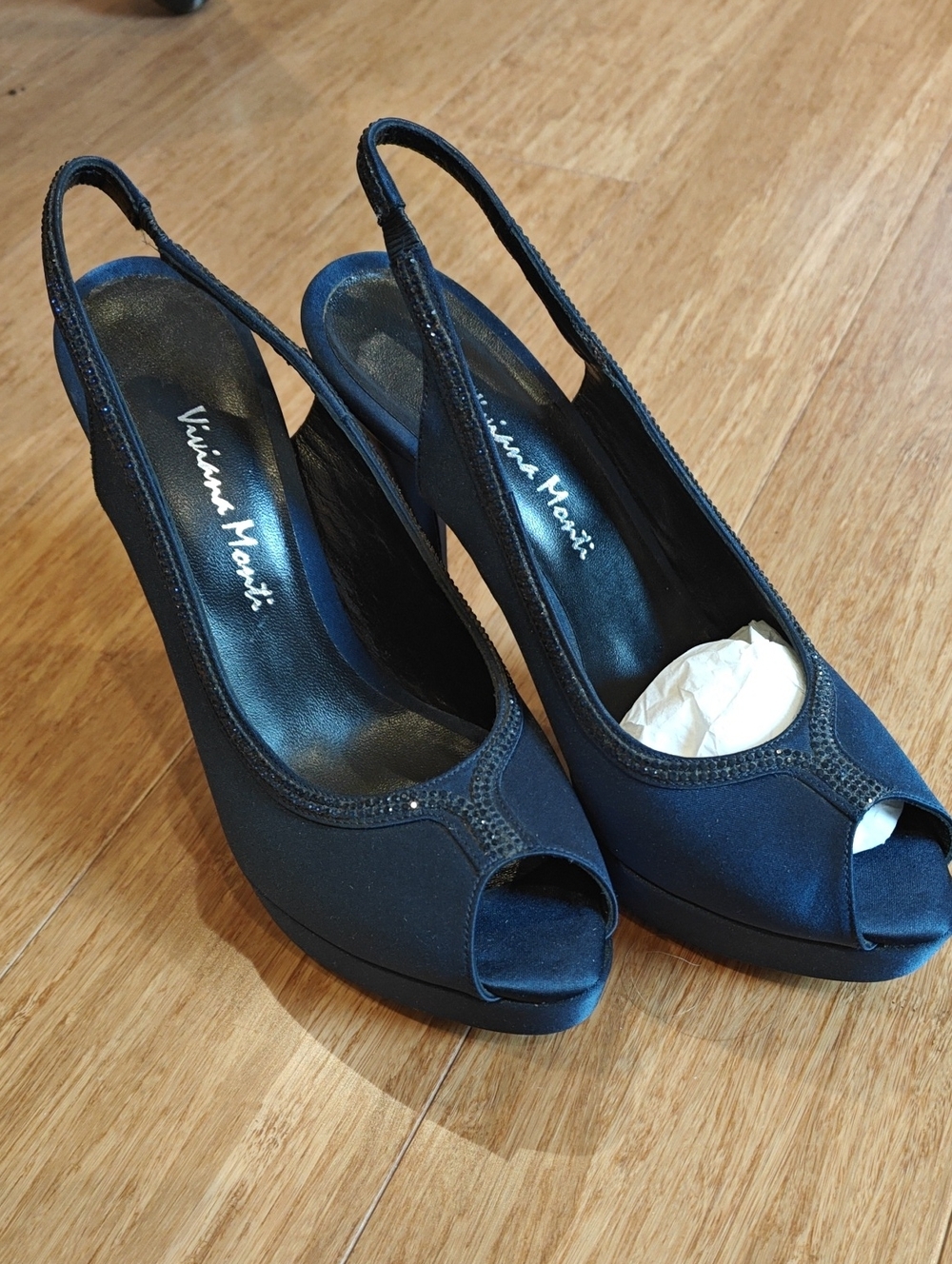 Viviana Monti Navy Blue Peep-Toe Slingback Heels-Navy Blue Satin Size 38